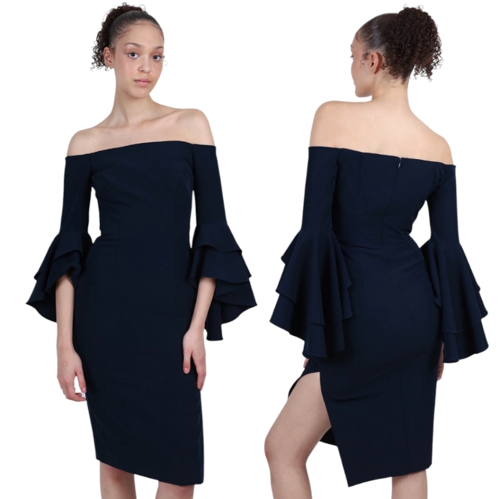Milly - Navy Off-the-Shoulder Ruffle Sleeve Sheath Dress Sz 8